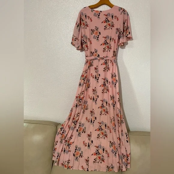 Azalosie Pink Peach Floral Shor Dress  SIZE M 
Sleeve Wrap High Low Maxi - Picture 7 of 10